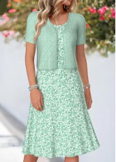 Light Green Ditsy Floral Print Two-piece Dress and Cardigan