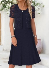 Navy Two-piece Short Sleeve Round Neck Dress and Cardigan
