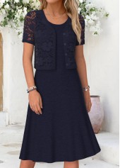 Navy Two-piece Short Sleeve Round Neck Dress and Cardigan | thumb picture 
