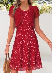 Red Geometric Print Two-piece Short Sleeve Dress and Cardigan