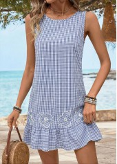 Light Blue Tummy Coverage Plaid Short Sleeveless Round Neck Dress