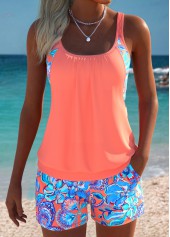 Coral Mid Waisted Pocket Floral Print Tankini Set