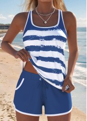 Dusty Blue Mid Waisted Ruched/shirred Striped Tankini Set