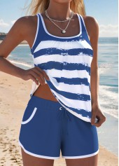 Dusty Blue Mid Waisted Ruched/shirred Striped Tankini Set | thumb picture 