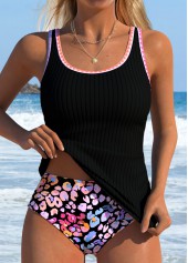 Black Mid Waisted Two-piece Leopard Tankini Set