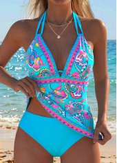 Cyan Mid Waisted Lace Up Tribal Print Tankini Set