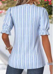 Blue Striped Ruffle Short Sleeve V Neck Blouse | thumb picture 