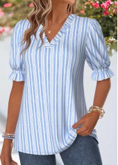 Blue Striped Ruffle Short Sleeve V Neck Blouse | thumb picture 