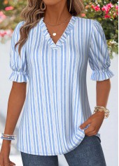 Blue Striped Ruffle Short Sleeve V Neck Blouse