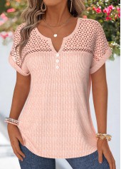 Light Pink Patchwork Short Sleeve Split Neck Blouse