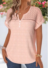 Light Pink Patchwork Short Sleeve Split Neck Blouse | thumb picture 