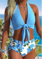 Blue Mid Waisted Ruched/shirred Floral Print Bikini Set
