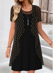 Black Geometric Print Short Two-piece Dress and Cardigan
