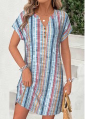 Multi Color Striped Short Tummy Coverage Split Neck Dress