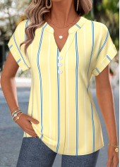 Light Yellow Striped Curved Hem Short Sleeve Blouse