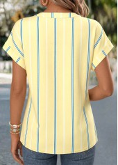 Light Yellow Striped Curved Hem Short Sleeve Blouse | thumb picture 