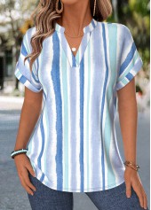 Light Blue Geometric Print Tummy Coverage Short Sleeve Blouse