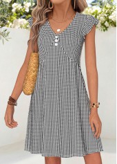 Black Plaid Short Shirred V Neck Dress