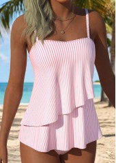 Pink Mid Waisted Layered Striped Tankini Set