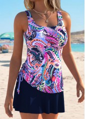 Multi Color Mid Waisted Drawstring Paisley Print Tankini Set