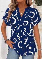 Navy Graffiti Print Button Short Sleeve Split Neck Blouse