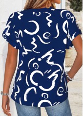 Navy Graffiti Print Button Short Sleeve Split Neck Blouse | thumb picture 