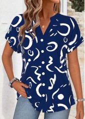 Navy Graffiti Print Button Short Sleeve Split Neck Blouse | thumb picture 