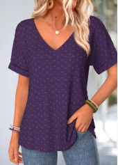 Purple Button Short Sleeve V Neck T Shirt | thumb picture 