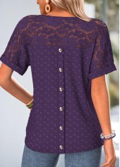 Purple Button Short Sleeve V Neck T Shirt