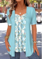 Cyan Floral Print Short Sleeve Fake Two Piece Twinset