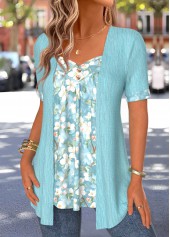 Cyan Floral Print Short Sleeve Fake Two Piece Twinset | thumb picture 