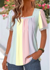 Multi Color Striped Pleated Short Sleeve T Shirt | thumb picture 