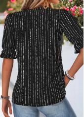 Black Striped Shirred Half Sleeve Split Neck Blouse | thumb picture 