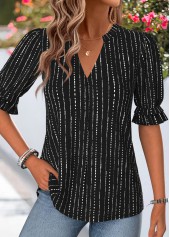 Black Striped Shirred Half Sleeve Split Neck Blouse | thumb picture 