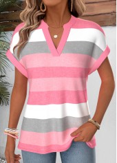 Pink Striped Short Sleeve Split Neck Blouse