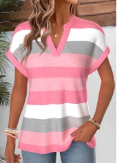 Pink Striped Short Sleeve Split Neck Blouse | thumb picture 
