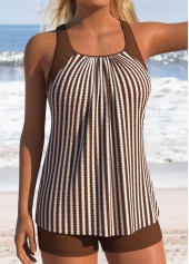 Dark Coffee Mid Waisted Ruched/shirred Striped Tankini Set | thumb picture 
