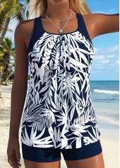 Blue Mid Waisted Two-piece Tropical Plants Print Tankini Set
