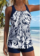 Blue Mid Waisted Two-piece Tropical Plants Print Tankini Set | thumb picture 