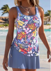 Grey Mid Waisted Drawstring Floral Print Tankini Set