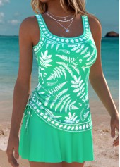 Green Mid Waisted Layered Leaf Print Tankini Set