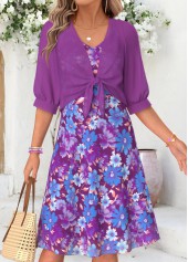 Purple Floral Print Two-piece Half Sleeve Dress and Cardigan