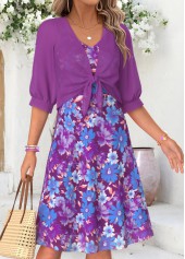 Purple Floral Print Two-piece Half Sleeve Dress and Cardigan | thumb picture 