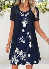 Navy Floral Print Short Two-piece Dress and Cardigan