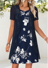 Navy Floral Print Short Two-piece Dress and Cardigan | thumb picture 