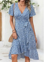 Blue Ditsy Floral Print High Low Shirred Dress