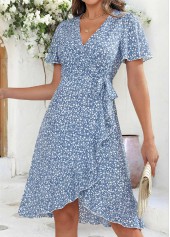 Blue Ditsy Floral Print High Low Shirred Dress | thumb picture 
