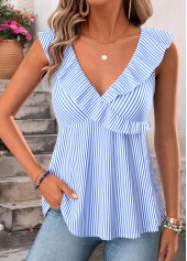 Blue Striped Ruffle Sleeveless V Neck Tank Top