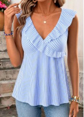 Blue Striped Ruffle Sleeveless V Neck Tank Top | thumb picture 