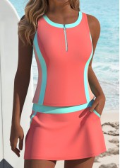 Coral Mid Waisted Patchwork Tankini Set | thumb picture 